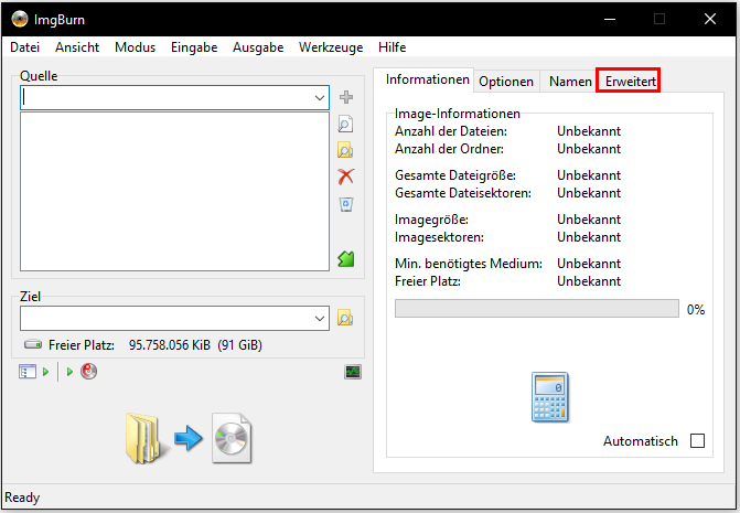 ImgBurn: Auswahl "Erweitert" im geöffneten Fenster