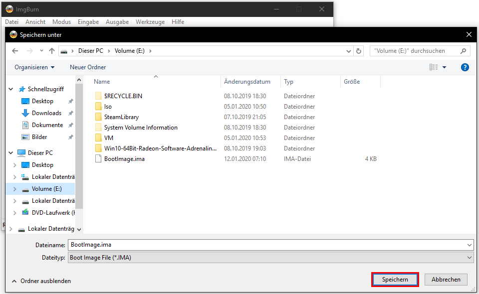 ImgBurn: Speicherort wählen und speichern klicken