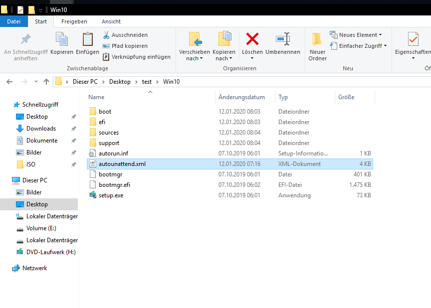 Stammverzeichnis der ISO nach kopieren der autounattend.xml