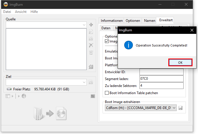 ImgBurn: Meldung bestätigen: Operation successful