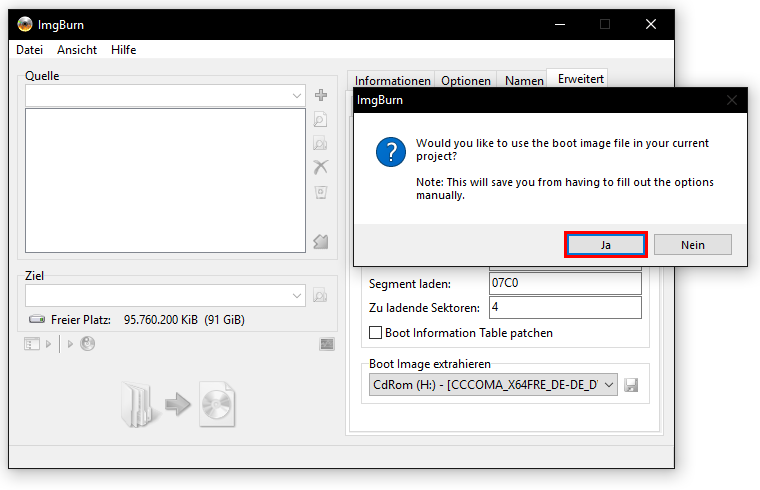 ImgBurn: Bestätigung der Verwendung des Bootimages für das jetzige Project