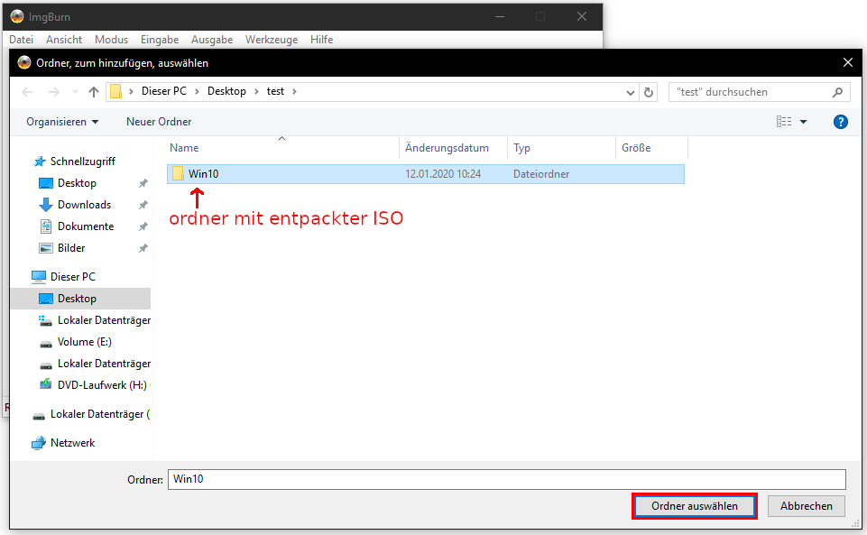 ImgBurn: Ordner mit entpackter ISO auswählen