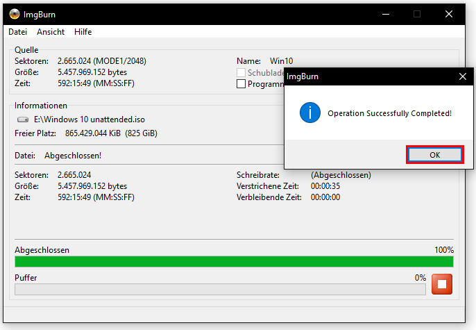 ImgBurn: Bestätigung nach Abschluss der Operation