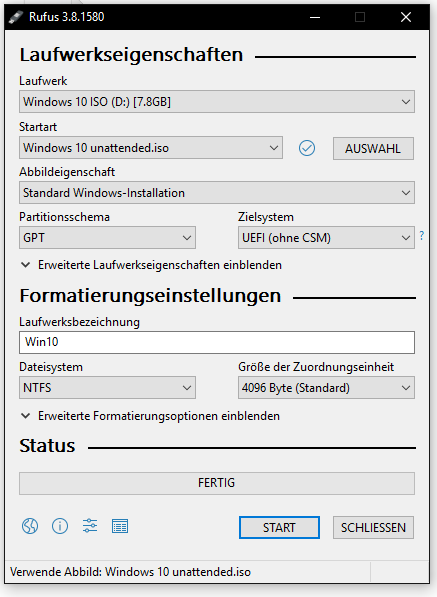 Rufus: Einstellungen für Boot-Stick UEFI