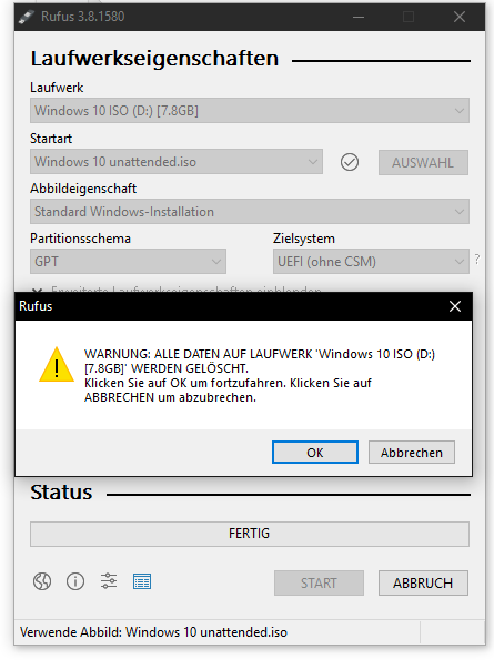 Rufus: Warnung Überschreiben USB Bestätigung